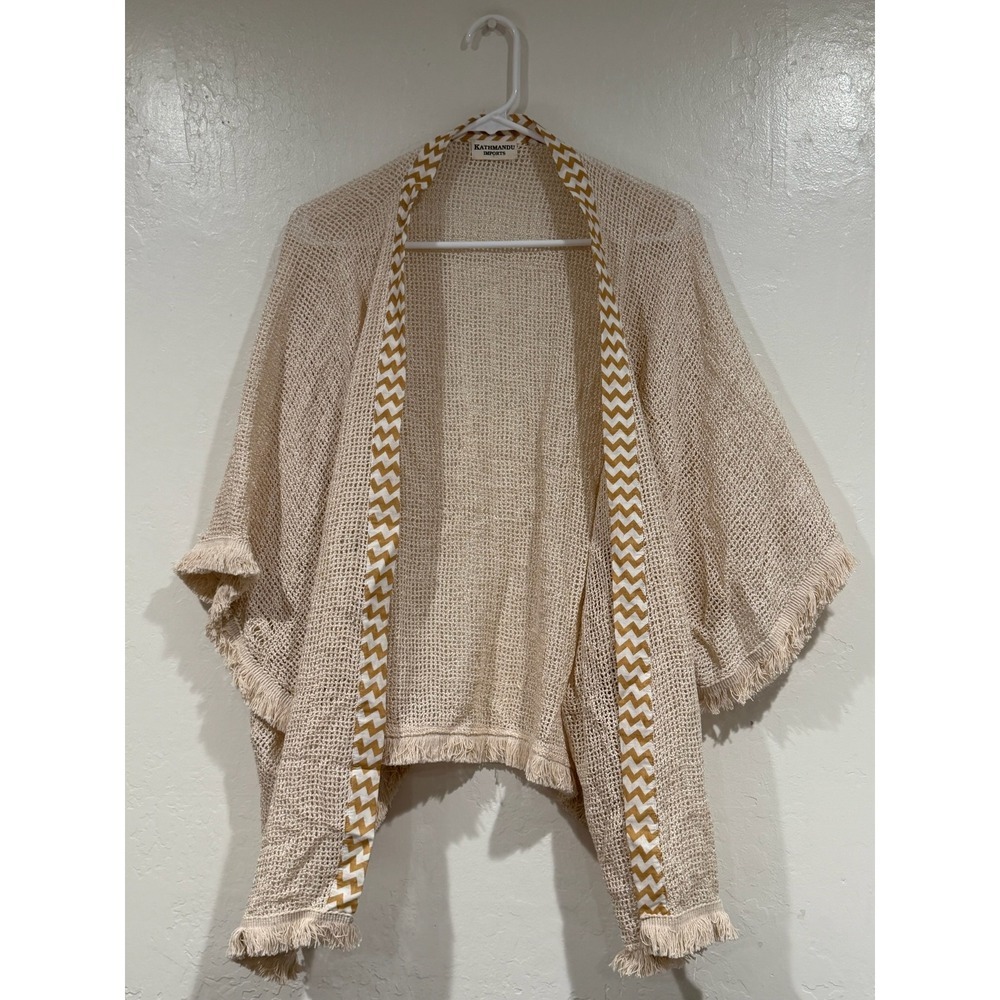 Kathmandu Imports Beige Open Knit Kimono Cardigan Chevron Trim Fringe One Size - Picture 5 of 10